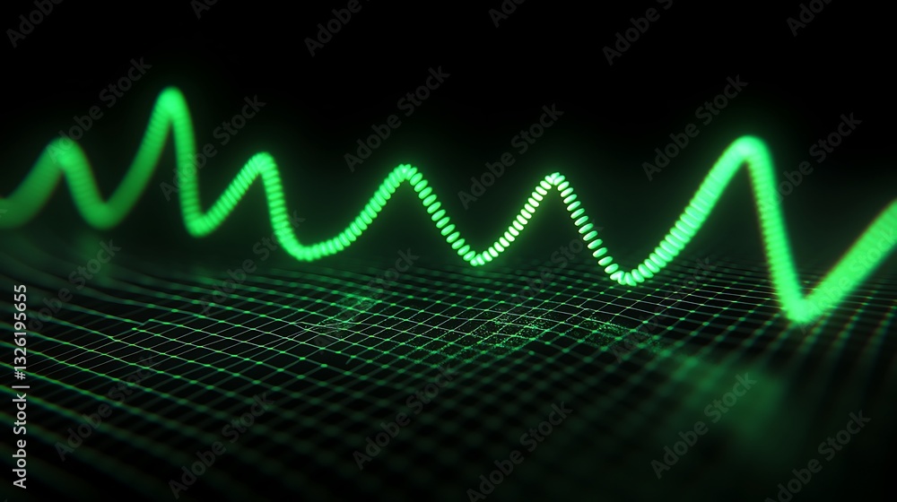 Poster green digital waveform on a black background representing sound or data visualization concepts