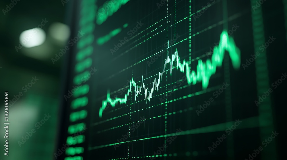 Aufkleber green financial chart showing upward trend on digital screen with data points and grid lines