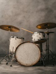 Obraz premium A drum kit with drumsticks isolated on a white background, featuring percussion instruments like cymbals, ideal for a jazz concert or performance