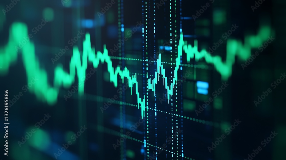 Poster green financial data visualization with dynamic graph and pulsating lines for stock market analysis 