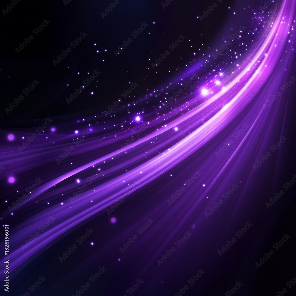Poster abstract purple light streaks with glittering particles and dark backdrop creates cosmic illusion