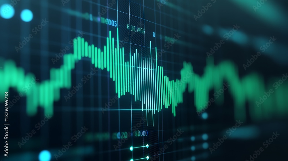 Poster green frequency graph on dark background showing fluctuations and trends in data visualization