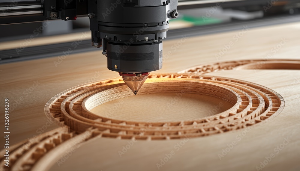 Aufkleber cnc router cutting precise circles in wood precision engineering and modern manufacturing process.