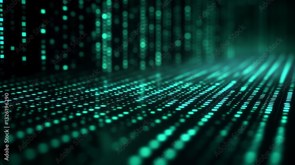 Poster green glowing data streams with matrix pattern in dark digital environment for technology background