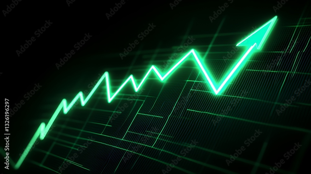 Poster green graph arrow representing financial growth in digital space with abstract lines and grid backgr