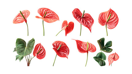 Pack Anthurium Set in Different Poses Against Transparent Background for Floral Arrangements, Botanical Illustrations, or Home Decor