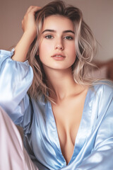Naklejka premium Sensual blonde woman wearing silk robe dressing gown in bedroom