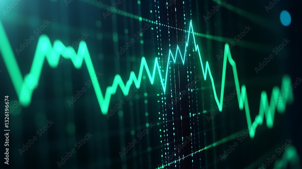 Poster green line graph displaying fluctuating data trends on dark background for business and finance anal
