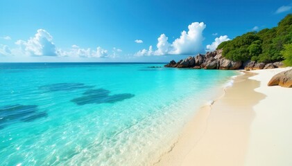 Fototapeta premium Immaculate beach, crystal clear water, vibrant coral reefs visible from shore , tranquil, waves, exotic