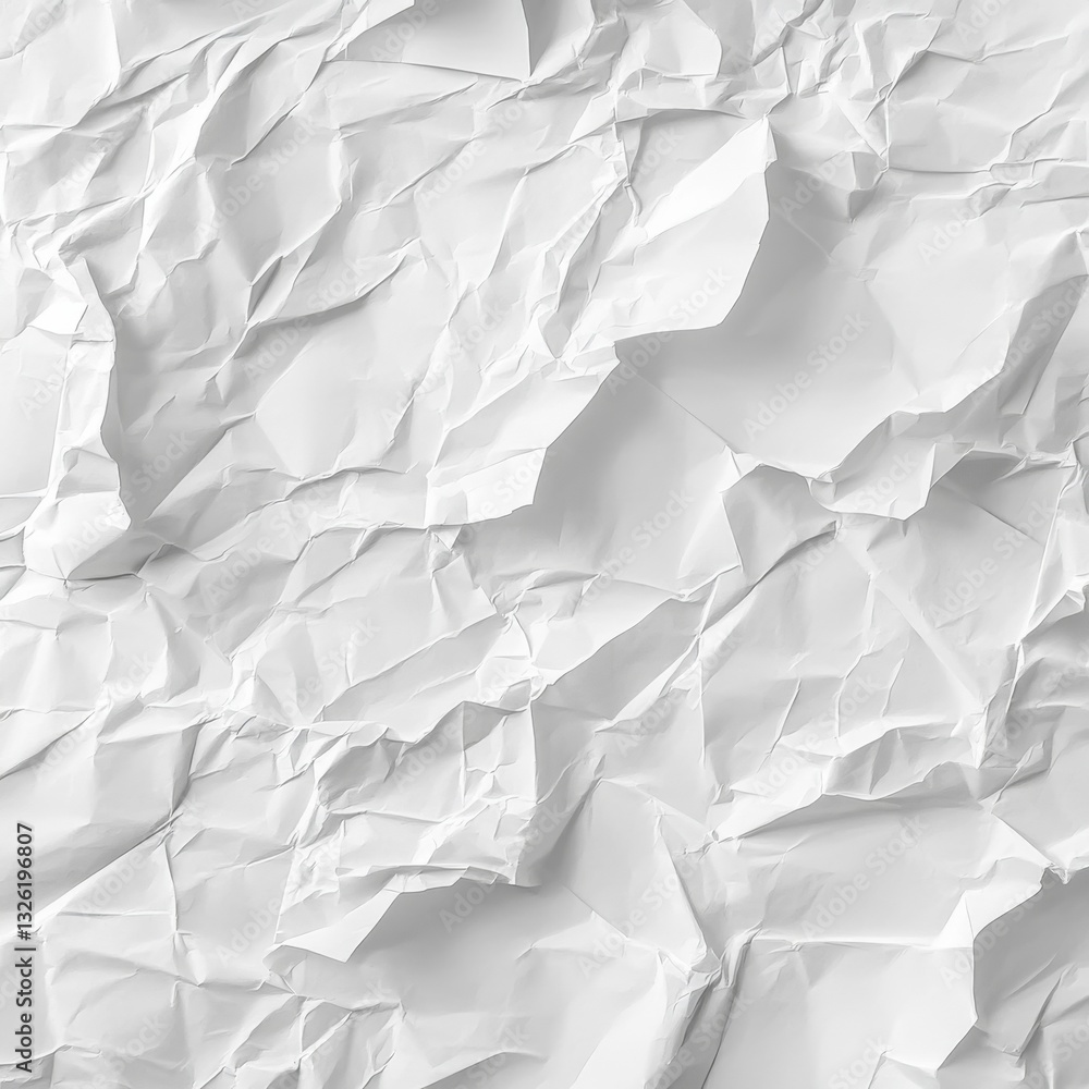 Fototapete abstract wrinkles: detailed close-up of a pure white sheet of crumpled paper with deep shadows and s