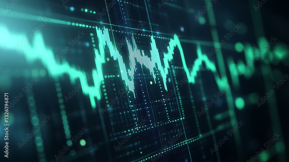 Poster high-tech digital financial graph with dynamic data trends and abstract background in blue and green