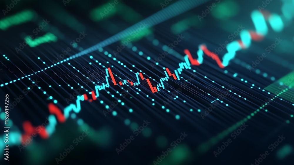 Poster modern financial data visualization on digital screen with colorful chart patterns and stock analysi