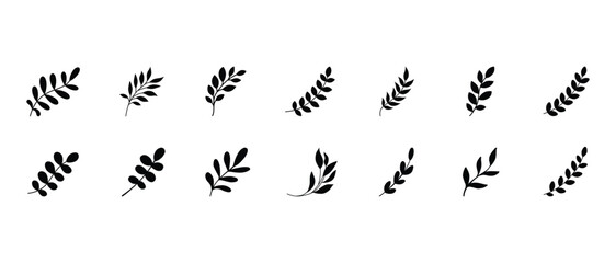 Simple summer, spring branches with leaves. Botanical elements. Floral branch set. Minimalist black silhouette. Flower logo design element. Elegant twig decoration set. Plant icons. Hand drawn black l