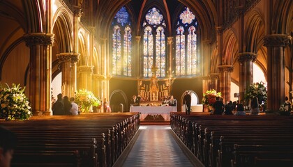 Fototapeta premium Majestic First Communion ceremony in a beautiful cathedral, with radiant light shining through the colorful stained glass windows. A spiritual scene