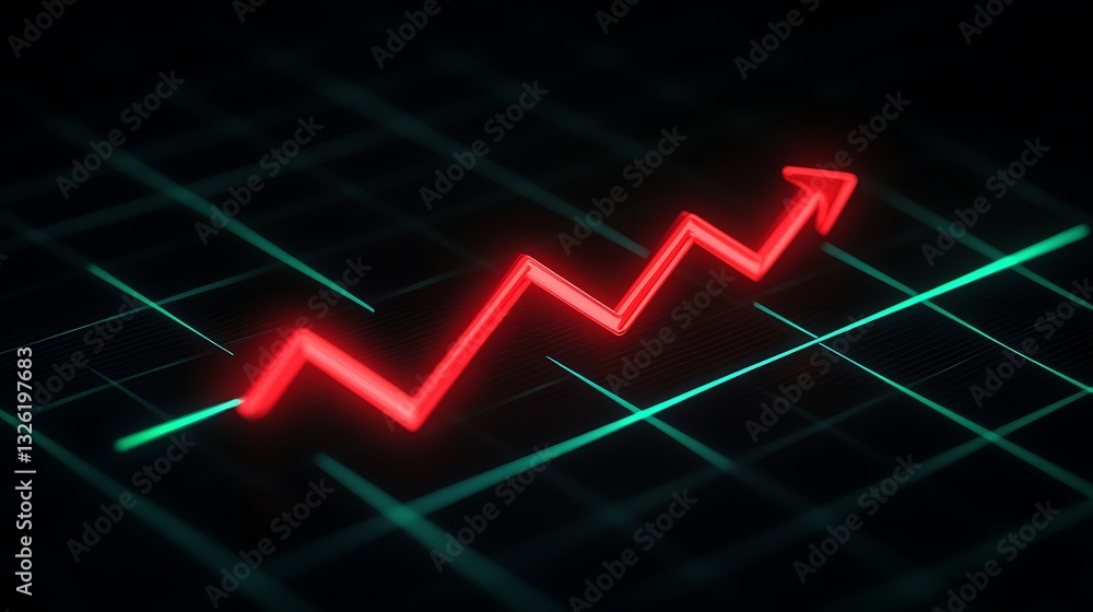 Poster red trend line graph rising amidst digital background with green elements and grid pattern for finan