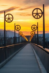 Fototapeta premium A bridge with glowing peace symbols as streetlights