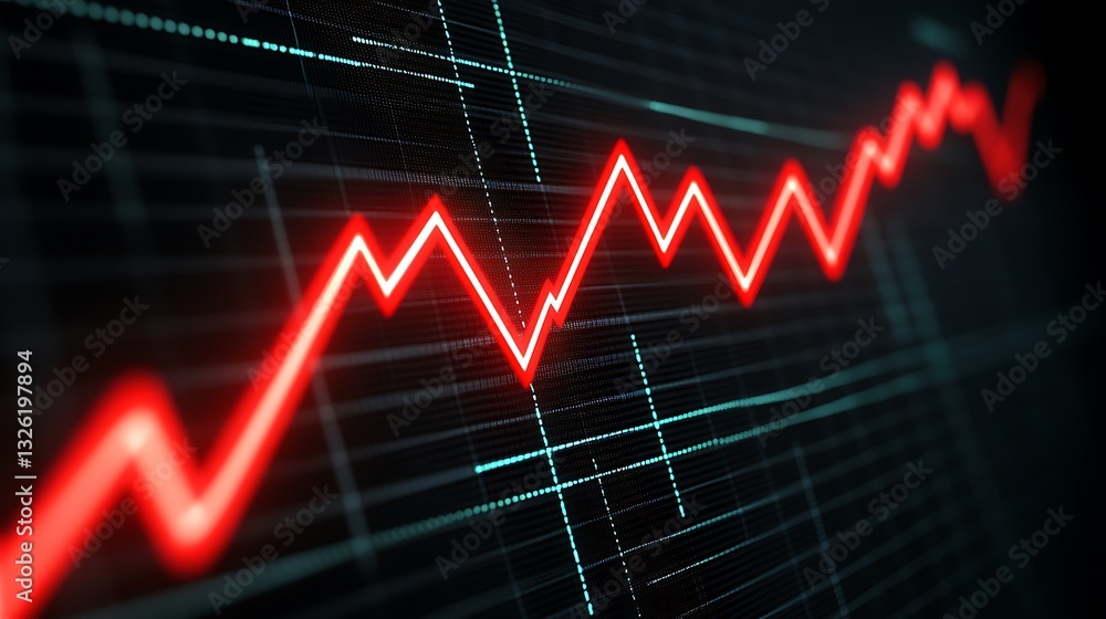 Poster red line graph showing fluctuations in data with background grid and digital aesthetic elements