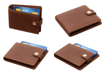 3d isolated brown leather wallet icon, multiple angles