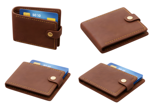 3d isolated brown leather wallet icon, multiple angles - Powered by Adobe
