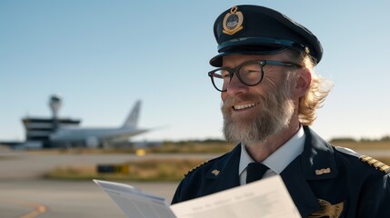 Pilot in uniform smiling near airplane, holding flight itinerary, clear blue sky, professional aviation concept, travel and aviation industry