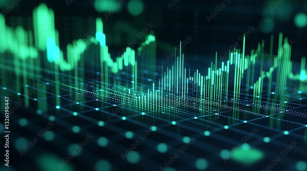 Poster vibrant digital data visualization with green sound waves and graph elements in a modern analytical 
