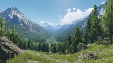 Fototapeta premium Majestic Mountain Valley Panorama with Breathtaking View of Nature's Serenity