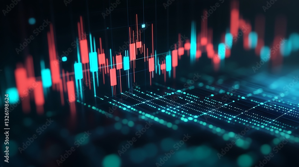 Poster vibrant financial chart with bulging candlestick and data patterns in futuristic setting
