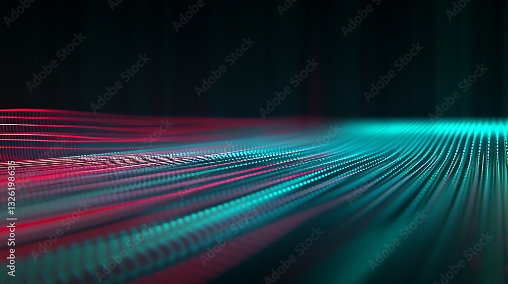 Poster vibrant digital waves in red and blue colors with a soft glowing effect on a dark background