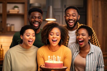 Fototapeta premium Diverse Group of Friends Celebrating a Birthday Party with Cake and Candles 