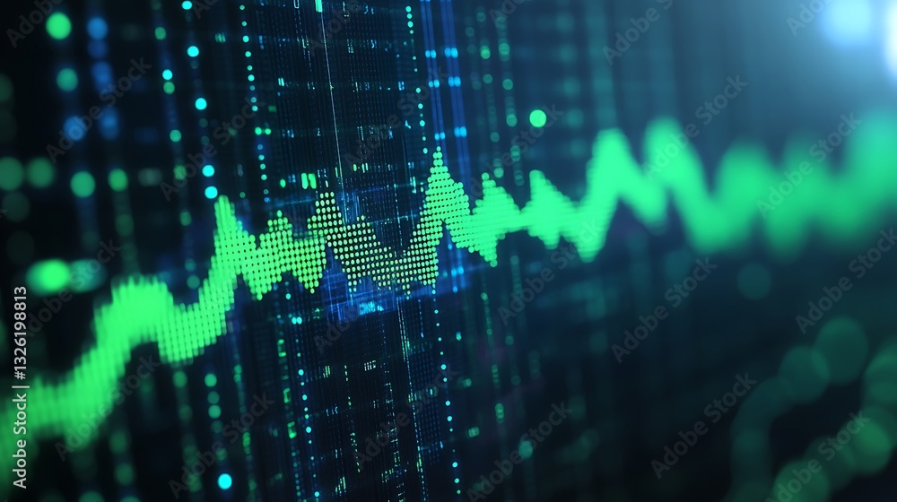 Poster vibrant green data visualization and digital waveform analysis with abstract background and glowing 