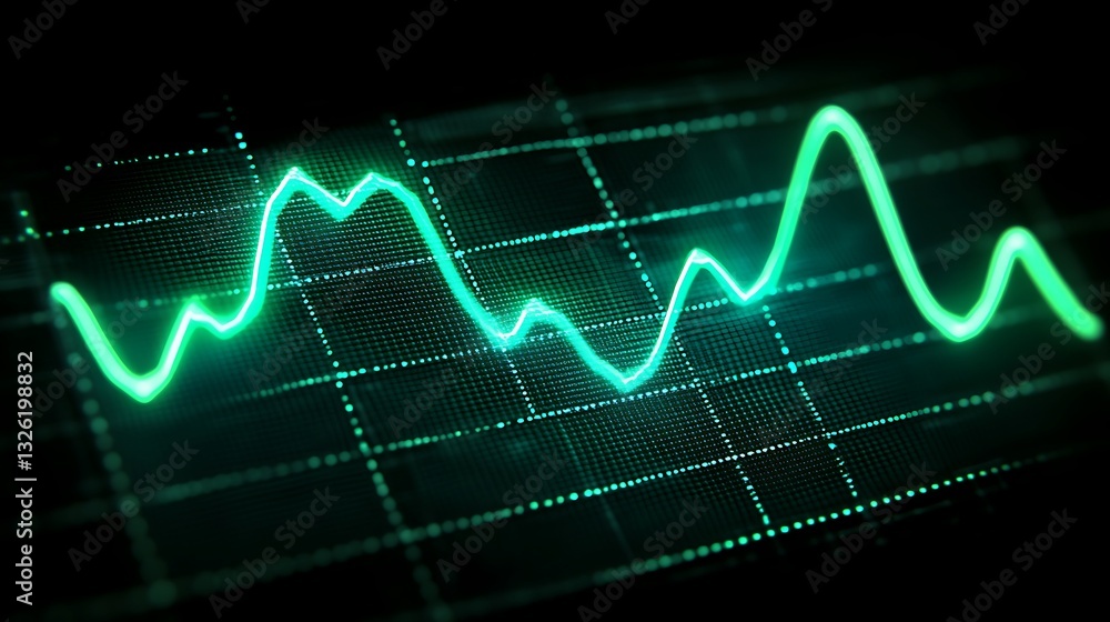 Poster vibrant green digital waveform on a dark background representing data visualization and sound freque