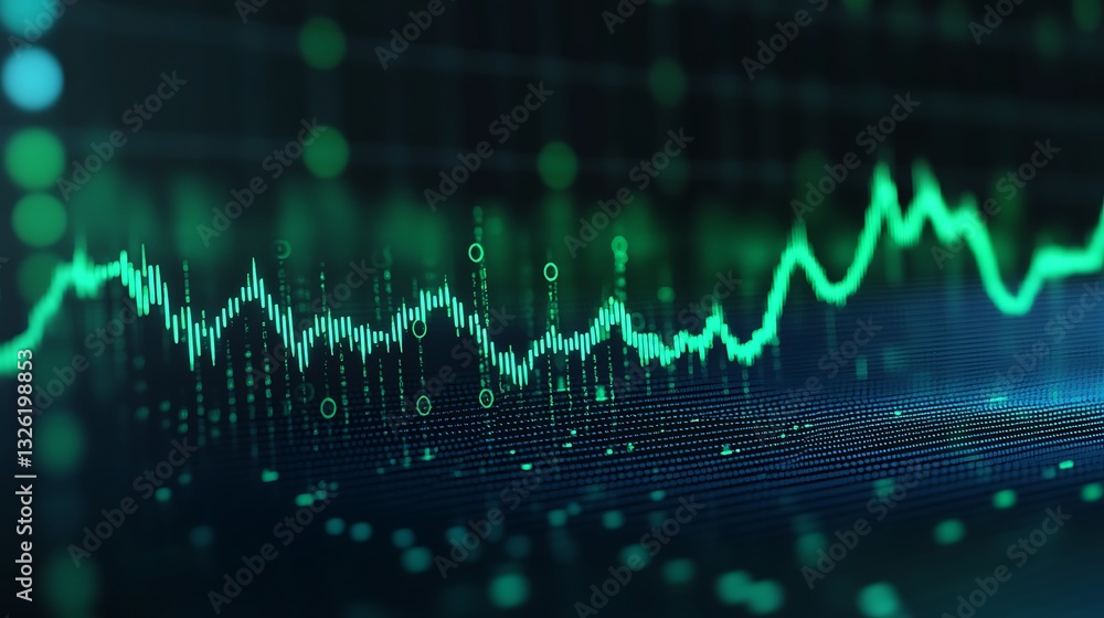 Poster vibrant green digital waveform visualization for financial data analysis and technology background