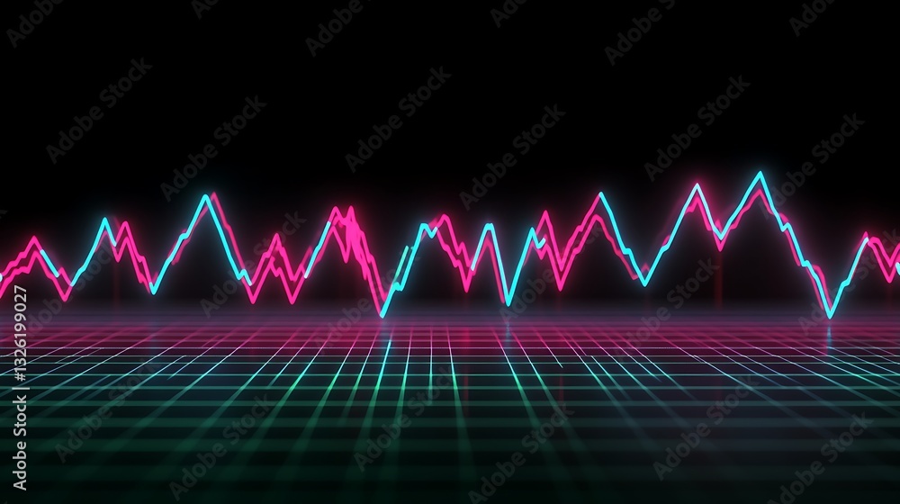 Poster vibrant neon waveform visualization in futuristic digital space with grid background and dynamic flu
