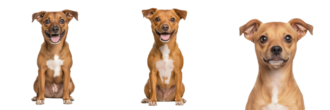 A cheerful dog with a shiny coat, displaying various playful expressions and poses.