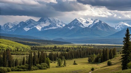 Obraz premium Beautiful nature over a green forest and vast mountain landscape