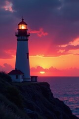 Lighthouse silhouetted against vibrant sunset sky, sunset, tower