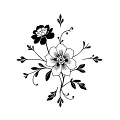 Elegant Black and White Floral Design: Symmetry, Detailed Botanical Illustration on White Background, Flourishes.