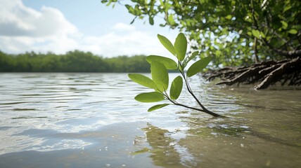Naklejka premium Serene mangrove branch emerging from calm water, lush greenery in tranquil natural setting.