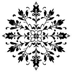 Symmetrical floral design in black and white, featuring stylized leaves, flowers, and delicate curves, creating a classic, decorative mandala.