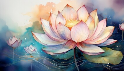 Elegant illustration of a lotus flower with a gentle watercolor effect, beautifully symbolizing spiritual enlightenment, purity, and rebirth. A serene artwork