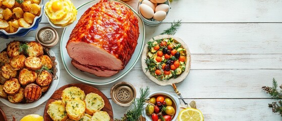 Fototapeta premium A variety of fruits and bread on a table