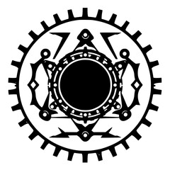Fototapeta premium Intricate, Gear-Shaped, Geometric Emblem in Black and White, Featuring a Central Circle, Triangular Elements, and Detailed Clockwork Design.