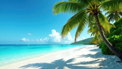 Lush palms curve over pristine white sand beach, azure ocean vista , shoreline, green