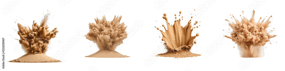 Poster a series of dynamic splashes and eruptions featuring a creamy substance, showcasing different forms 