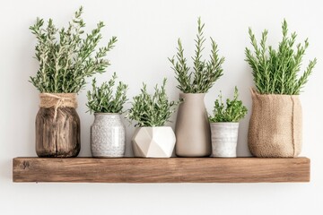 A minimalist still life of geometric pottery pieces arranged on a wooden shelf, with a clean white wall behind them