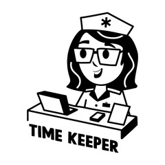 A glyph sticker of receptionist nurse with timekeeper typography 