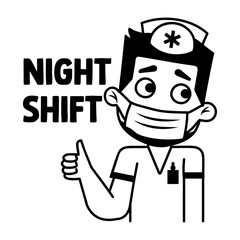 A glyph sticker of medical character with night shift typography 