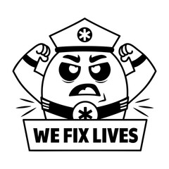 A glyph sticker of a medical character with we fix lives typography 