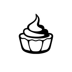 Minimalist Black and White Vector Illustration of a Sweet Cupcake with Swirled Icing, Isolated on White Background.