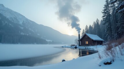 A frozen lake reflecting the pale winter sky, a rustic wooden cabin nestled on the snowy shore, smoke curling from its chimney into the crisp, cold air of the tranquil scene.